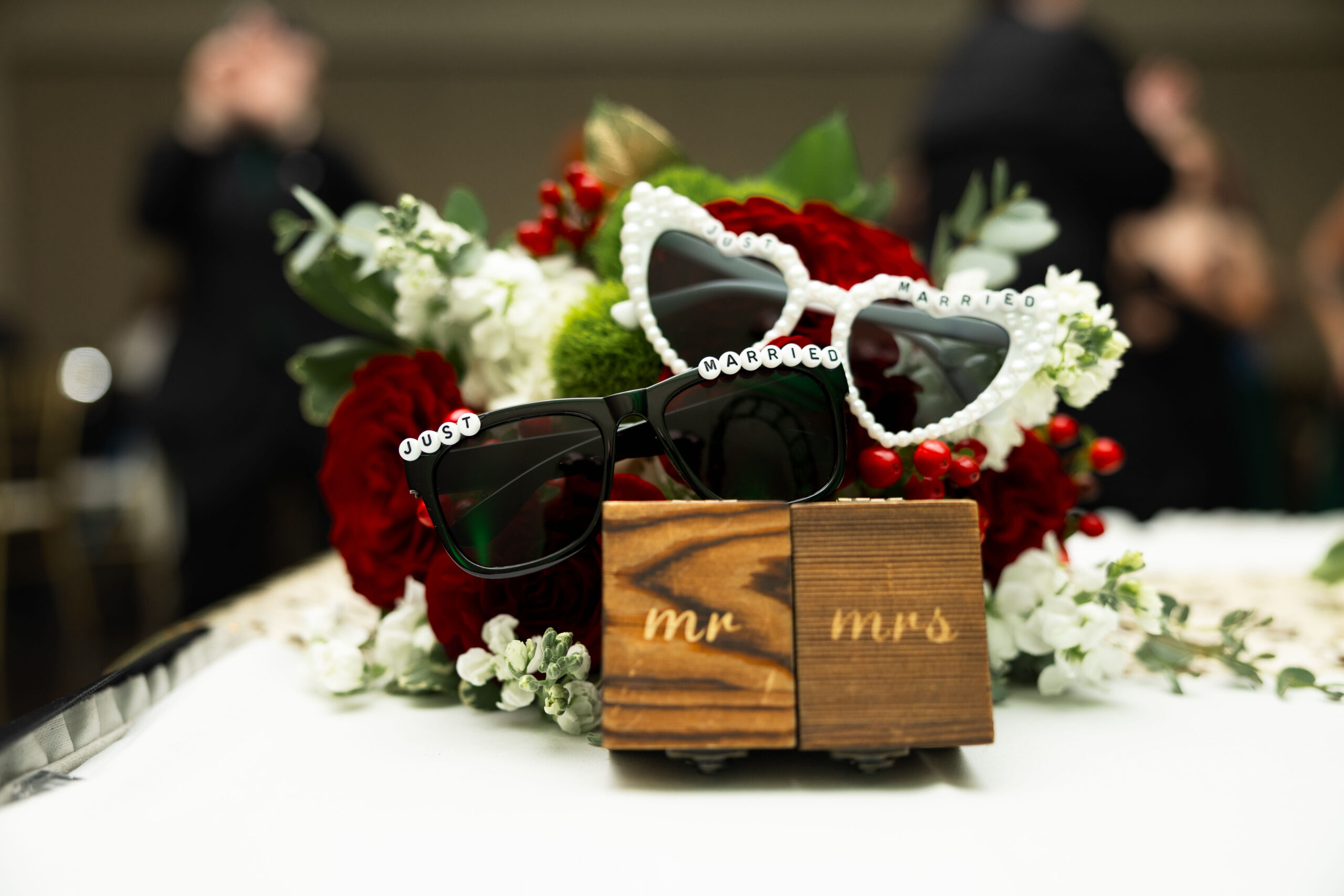 Just Married sunglasses with pearls and flowers at Tuscany Falls micro-wedding in Mokena, Illinois